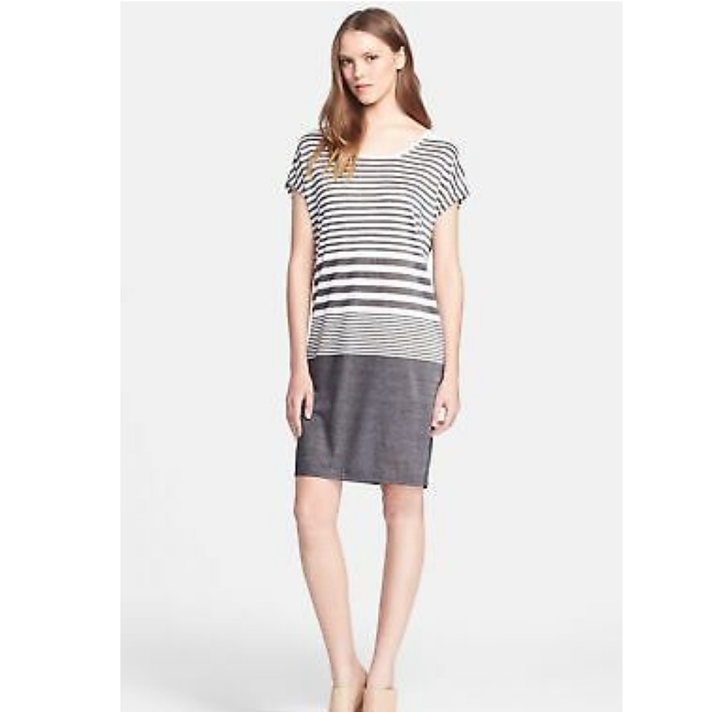 Vince White And Gray Variegated Stripe T-Shirt Dress